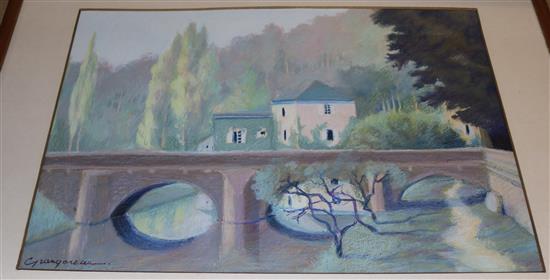 French bridge scene, gouache